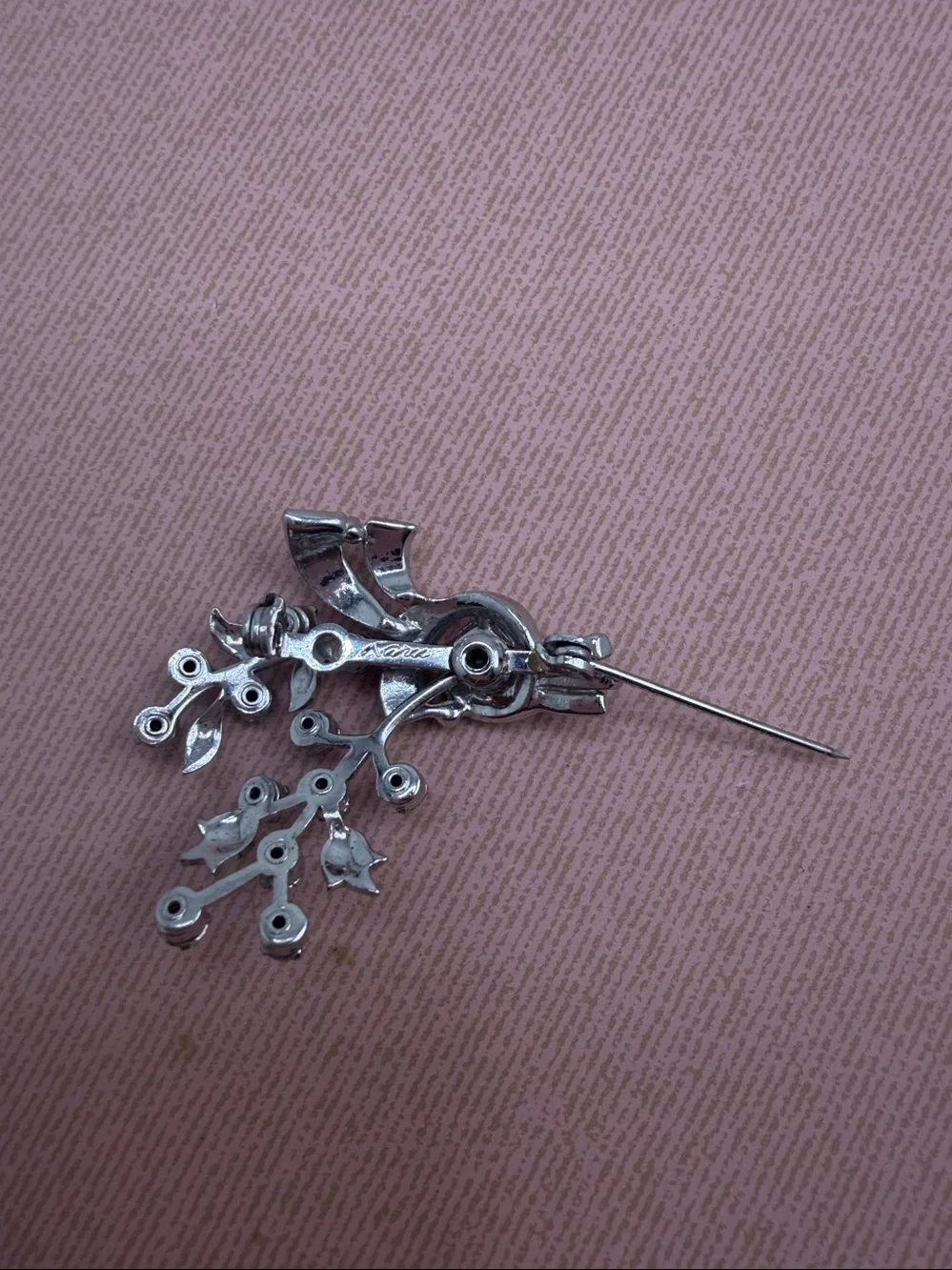 Vintage Karu‎ Rhinestone Floral Spray Brooch Silver Tone Bouquet Pin Mid Century